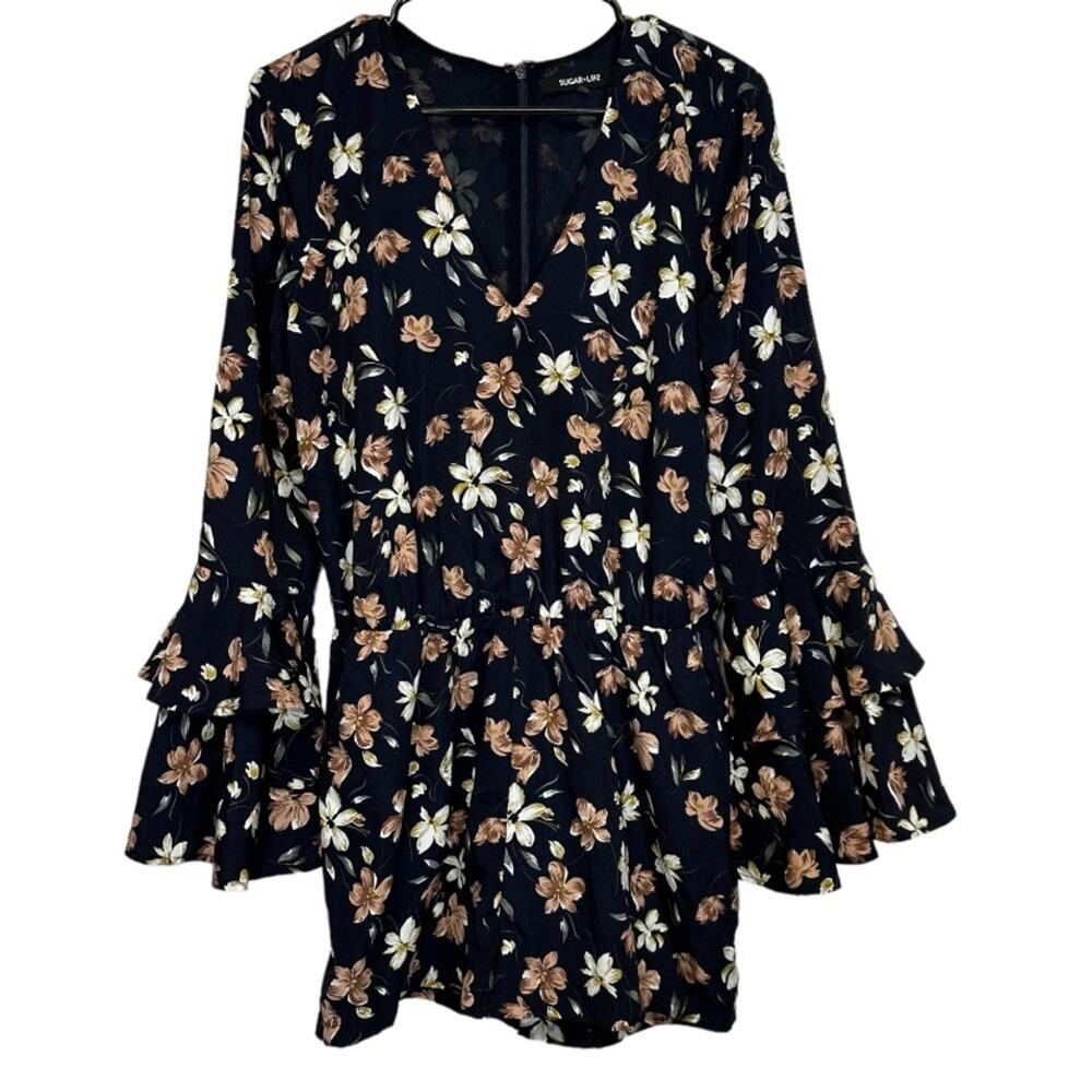 Sugar Lips Navy Blue Floral Long Bell Sleeve Boho Romper Size M